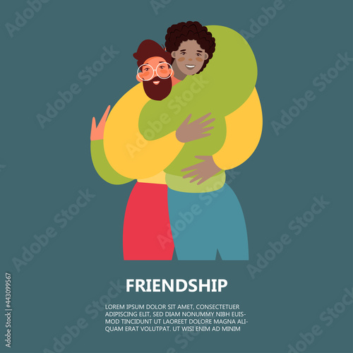 Vector cartoon illustration of Happy meeting of two Friends hugging. Two men happy to each other. Love, relatives, friends.

