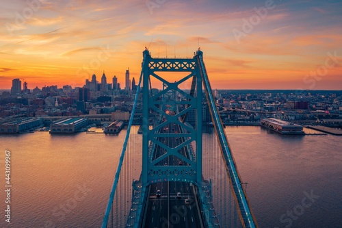 The Benjamin Franklin Bridge over the Delaware River and view of the skyline in Philadelphia, Pennsylvania