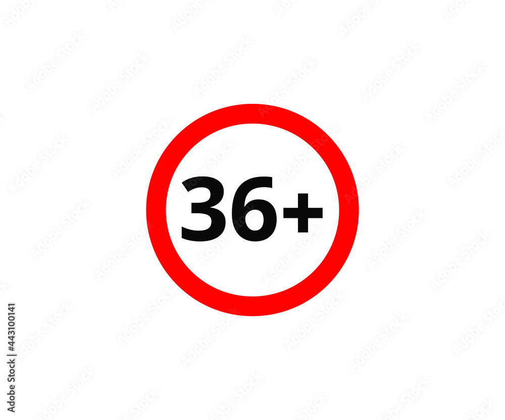 36+ restriction flat sign isolated on white background. 36 plus Age limit symbols 36+ restriction flat sign isolated on white background. 36 plus Age limit symbols