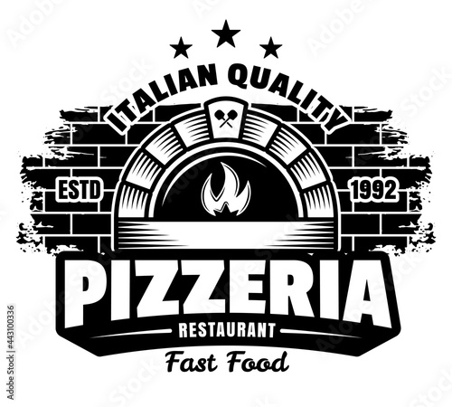 Brick oven vector emblem, badge, label or logo for pizzeria in vintage monochrome style isolated on white. Fast food delivery logotype template