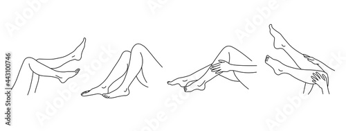 Vector female legs in various poses.  Line style. Isolated on white background. Set for spa salon, eco cosmetics.