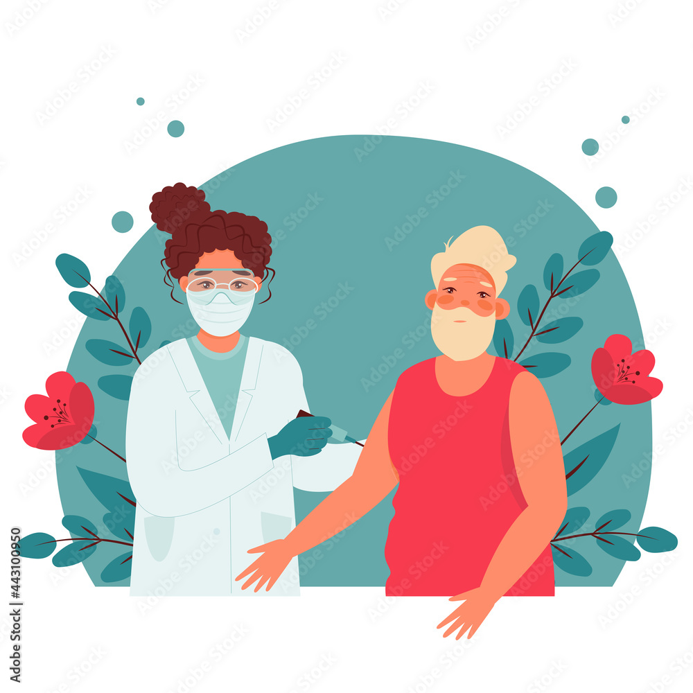Coronavirus vaccine senior man. Vaccine elderly. Doctor holds a syringe. Vaccination concept. Vector illustration.
Coronavirus vaccine senior man. Vaccine elderly. Doctor holds a syringe. Vaccination concept. Vector illustration.
