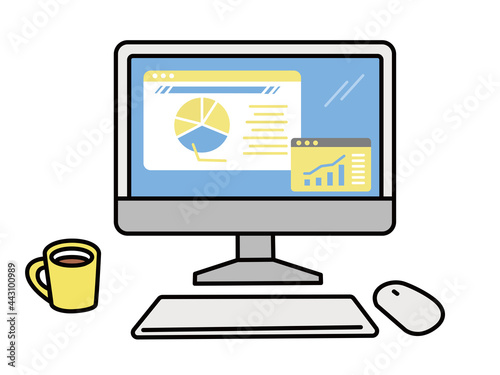 在宅ワーク、作業中のイラスト(パソコン、検索、資料作成、テレワーク、勉強、調べる) Work from home, illustrations in progress .computer, search, data creation, telework, study, research