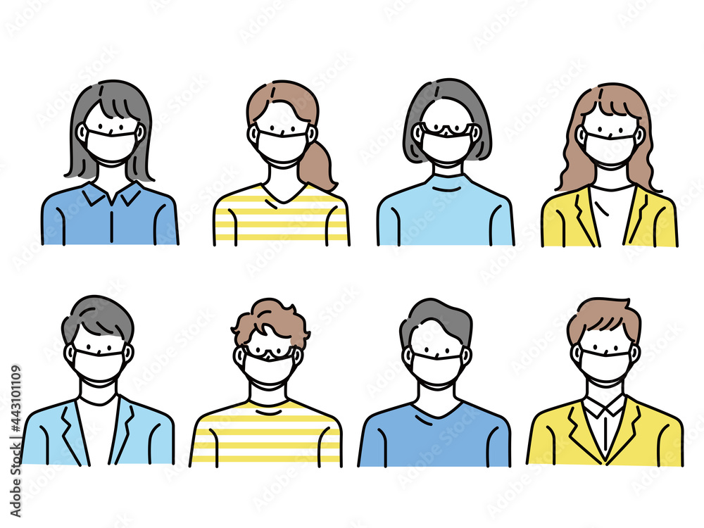 マスクをした人物アイコンイラスト(女性、男性、ファッション、髪型、若者、コロナ、顔パターン、感染予防) Masked person icon illustration. women, men, fashion, hairstyle, young people, corona, face pattern, infection prevention マスクをした人物アイコンイラスト(女性、男性、ファッション、髪型、若者、コロナ、顔パターン、感染予防) Masked person icon illustration. women, men, fashion, hairstyle, young people, corona, face pattern, infection prevention