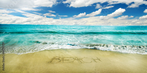 Paradise summer holiday on tropical island resort with sandy beach and blue sea. Sea shore panorama. Summer vacation banner background.