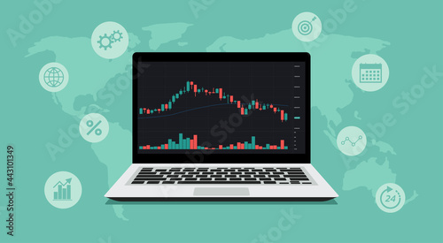 Forex, stock, cryptocurrency trade on notebook computer or laptop with icon and financial chart to buy and sell for exchange market around the world concept, vector flat illustration