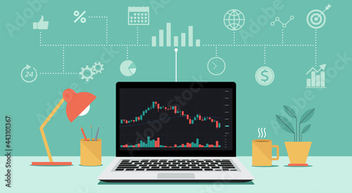 Forex, stock, cryptocurrency trade on laptop computer or notebook with icon and financial chart to buy and sell for exchange market concept, vector flat illustration