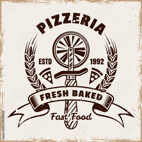 Pizzeria vector emblem, badge, label or logo with pizza cutter or slicer in vintage colored style isolated on background with grunge texture