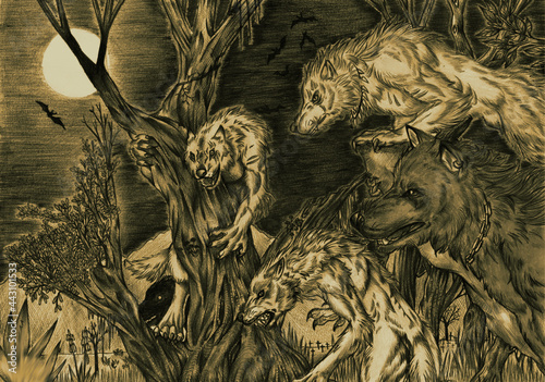 Foto Illustration of a group of werewolves on a full moon night