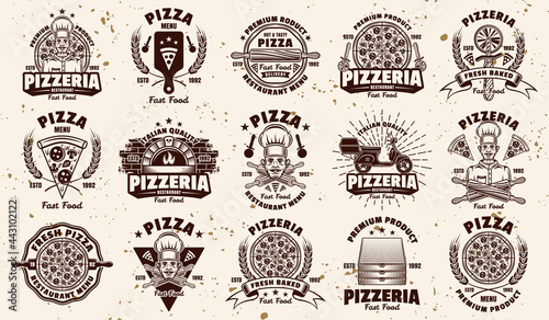 Pizza and pizzeria big set of fifteen vector emblems, badges, labels or logos in vintage style on background with removable grunge textures