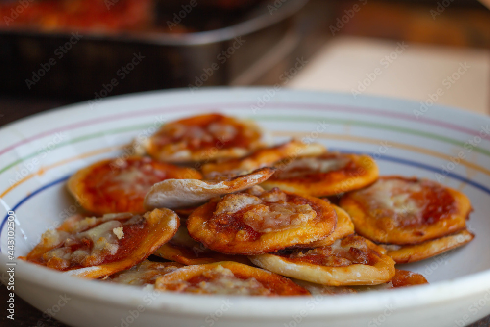 Homemade Pizzette ( Mini Pizza ) a Classic Italian Recipe for Aperitivo  with Mozzarella and tomatoes sauce .Italian style .Traditions food. Italy.