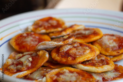 Homemade Pizzette ( Mini Pizza ) a Classic Italian Recipe for Aperitivo with Mozzarella and tomatoes sauce .Italian style .Traditions food. Italy.