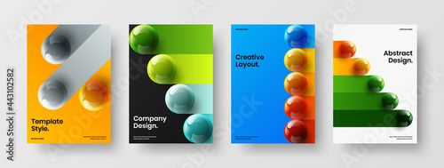 Trendy 3D spheres catalog cover layout bundle. Geometric placard A4 design vector concept composition.