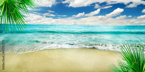 Paradise summer holiday on tropical island resort with sandy beach  palm tree and blue sea. Sea shore panorama. Summer vacation banner background.