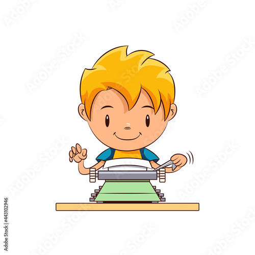 Kid writing on typewriter, happy cute child