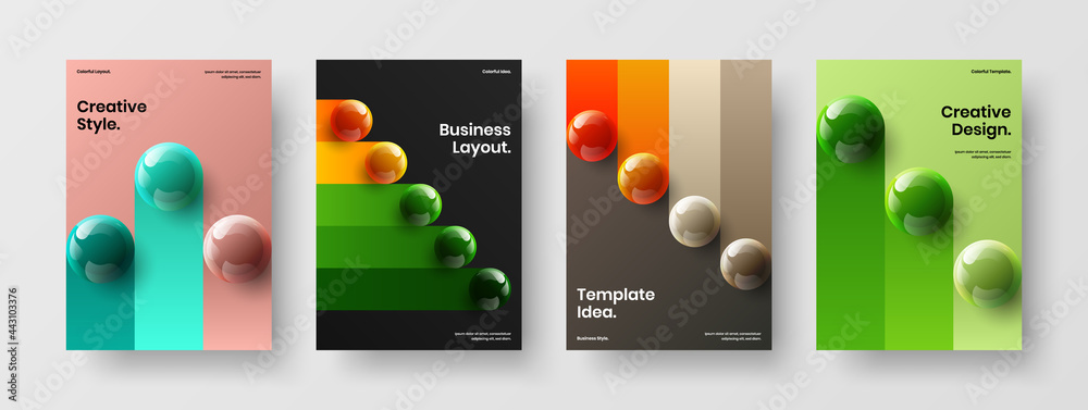 Minimalistic company brochure design vector illustration bundle. Premium realistic balls leaflet template collection.