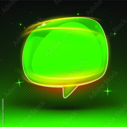 Colorful green glossy speech bubble with reflection on dark green background. Talk bubble, blank frame template, 3D Illustration. Banner design template, app icon, vector illustration