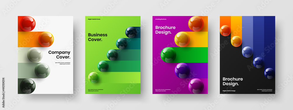 Vivid corporate cover A4 design vector illustration bundle. Unique realistic balls annual report template composition.