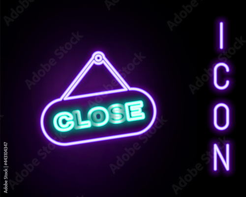 Glowing neon line Hanging sign with text Close icon isolated on black background. Business theme for cafe or restaurant. Colorful outline concept. Vector