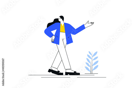 Woman looking back with pointing hand toward flat illustration