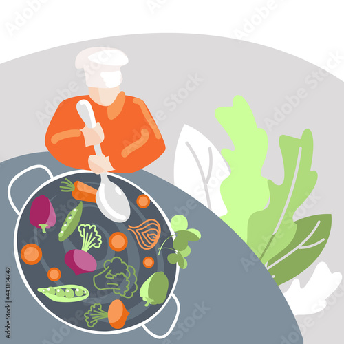 vector illustration. Chef prepares delicious healthy food by the stove. Suitable for flyers, advertisements, social media posts.