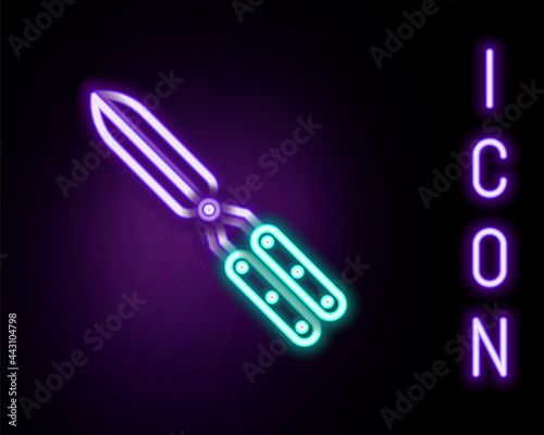 Glowing neon line Gardening handmade scissors for trimming icon isolated on black background. Pruning shears with wooden handles. Colorful outline concept. Vector