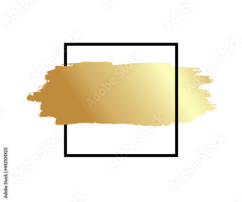 Gold brush stroke in the frame. Gold shiny grunge texture. Dirty design element, box, frame or background for text. Vector Illustration EPS10