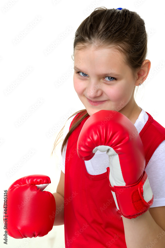 Sports boxer teenage girl, in the studio for white background. Sports boxer teenage girl, in the studio for white background.