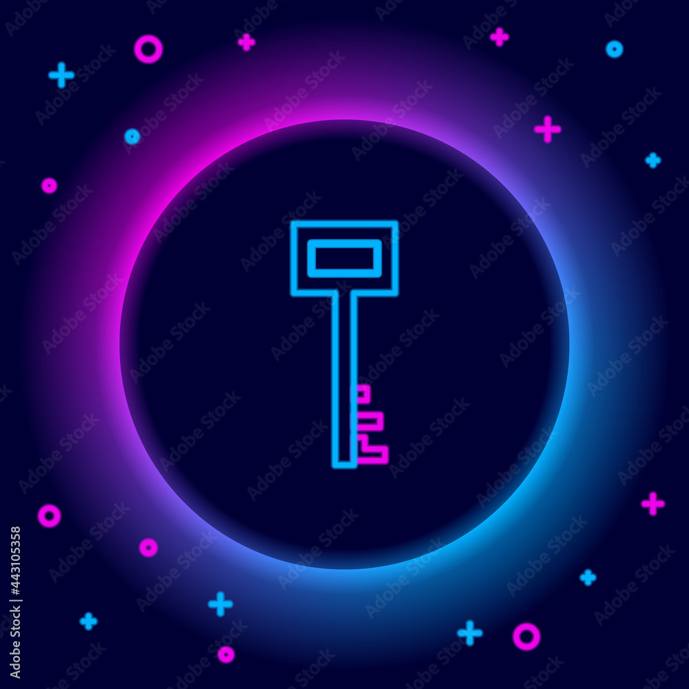 Glowing neon line Pirate key icon isolated on black background. Colorful outline concept. Vector Glowing neon line Pirate key icon isolated on black background. Colorful outline concept. Vector