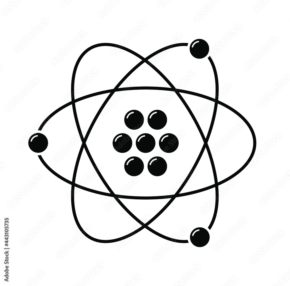Icon of the atom. Protons, neutrons, electrons and gamma waves. Illustration of molecule structure. Isolated vector illustration. Icon of the atom. Protons, neutrons, electrons and gamma waves. Illustration of molecule structure. Isolated vector illustration.