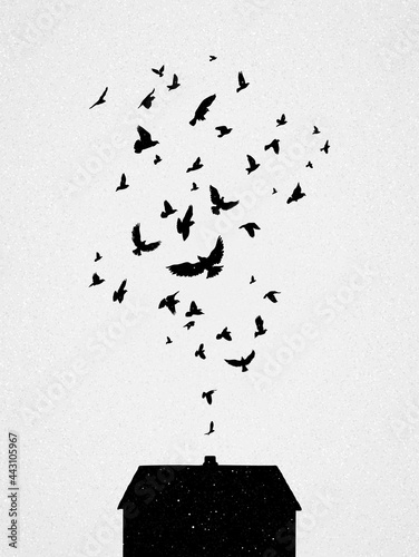 House silhouette. Flock of birds flies up. Abstract chimney smoke