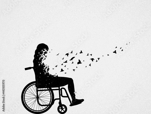 Girl in wheelchair. Death and afterlife. Bird fly. Abstract silhouette