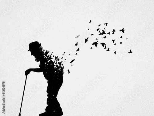 Old man with cane. Death and afterlife. Birds fly. Abstract silhouette