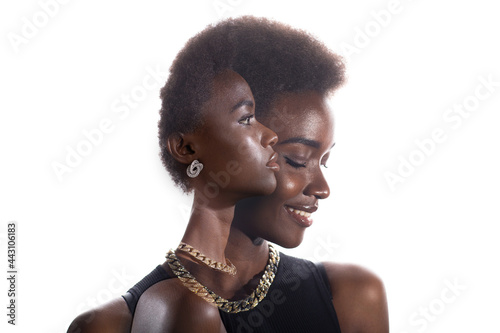 Multiple exposure portrait of black african american woman with happy smile and serious facial expression. Health and success concept.