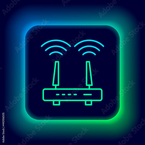 Glowing neon line Router and wi-fi signal icon isolated on black background. Wireless ethernet modem router. Computer technology internet. Colorful outline concept. Vector