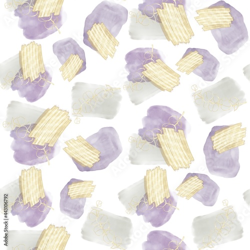 Abstract patterns, made of watercolor spots, gray and purple colors with strokes, gold sequins, contour drawing, eucalyptus twigs on a white background