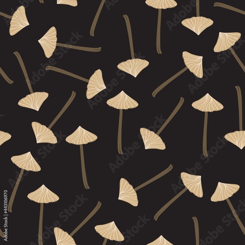 Mushrooms seamless pattern. Hand-drawn illustration. Design for natural products, paper, packaging, wallpaper, fabric, textile. Black background.