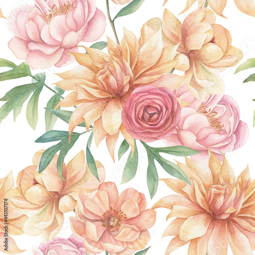 Watercolor seamless pattern with  dahlia, peony and rose. Hand drawn illustration on white background