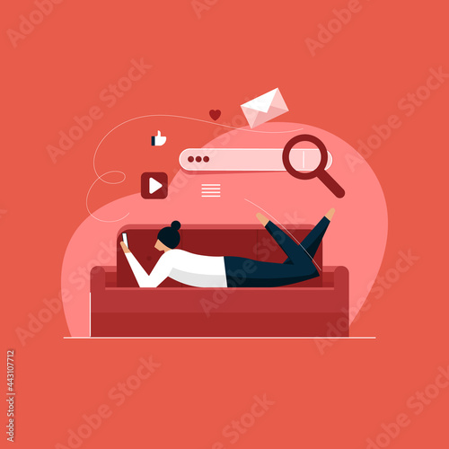 Young woman on sofa using mobile phone, search engine concept social media on smartphone, new generation studying online