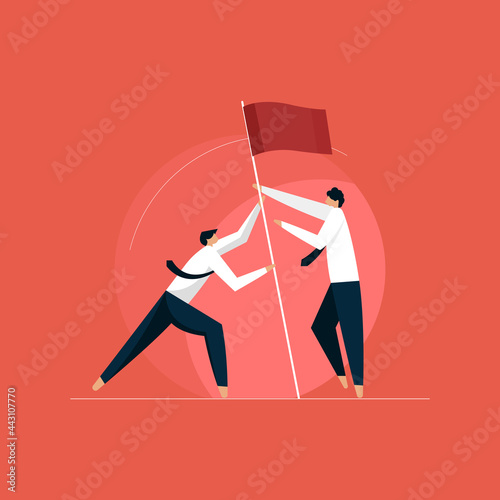 business people raise a flags together concept, goal achievement illustration
