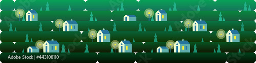 Banner a night landscape with small houses and street lamp, against a background of grass, nature, hills. Vector illustration in flat style for design, games or web sites.