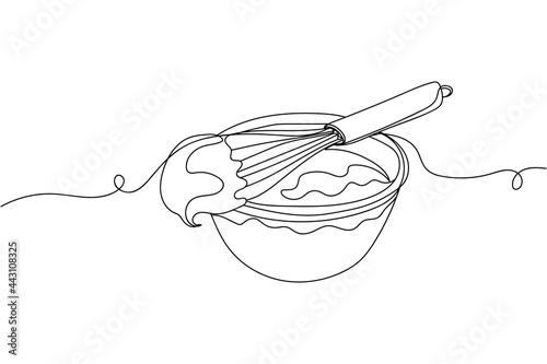 Continuous one line of bowl of whipped egg whites in silhouette on a white background. Linear stylized.Minimalist.