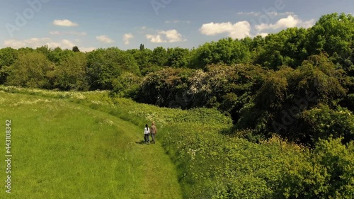 Rise up footage on couple walking on path mowed in high grass on meadow. Back view of pair enjoying leisure time