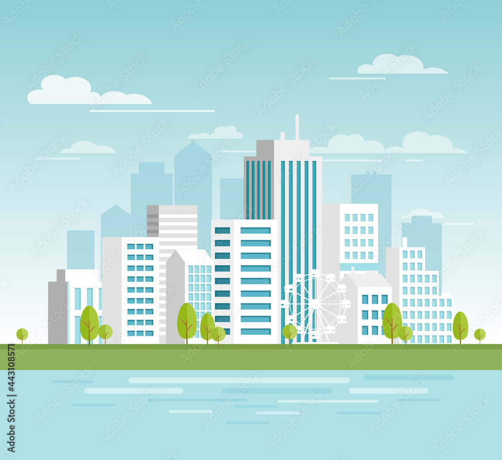 Vector illustration of modern urban cityscape with white skyscrapers, eco city with big modern buildings for your design, banners. City in flat cartoon style