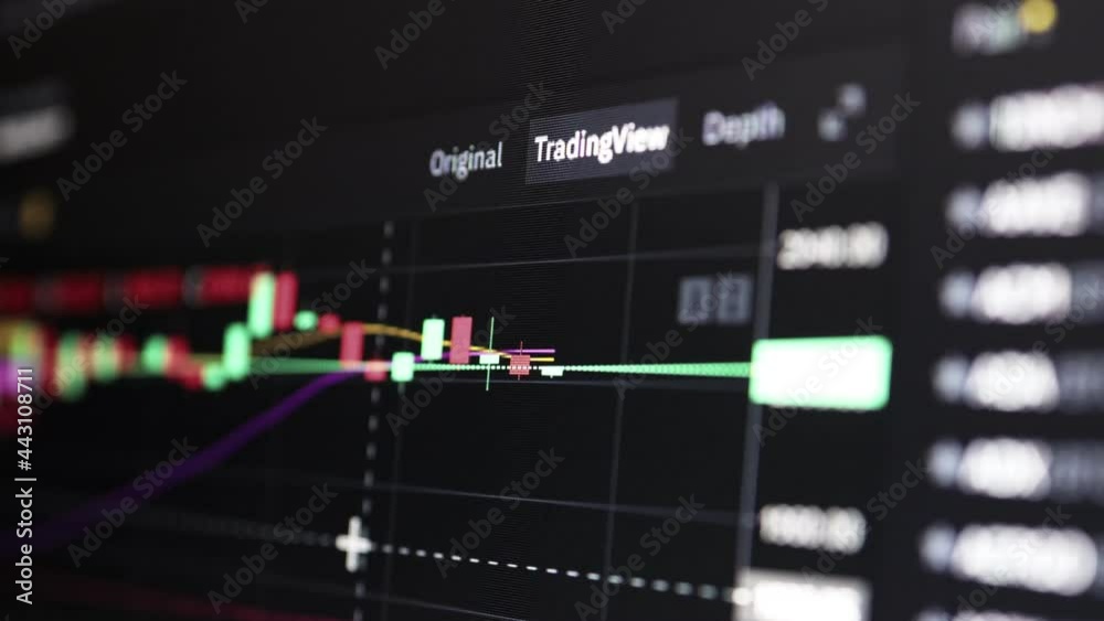 Stock exchange, cryptocurrency price chart on a screen. Candlestick chart, btc. Online currency exchange market. Trading, bidding. Tracking the cryptocurrency rate. 4K. Close up. Stock exchange, cryptocurrency price chart on a screen. Candlestick chart, btc. Online currency exchange market. Trading, bidding. Tracking the cryptocurrency rate. 4K. Close up.