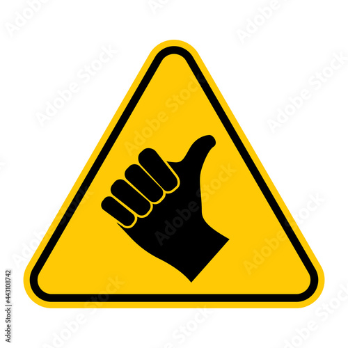 Hitchhiking warning road sign. Vector illustration of yellow triangle traffic sign with hand thumbs up icon inside. Standing in roadway for purpose of soliciting ride. Caution people on roadside.