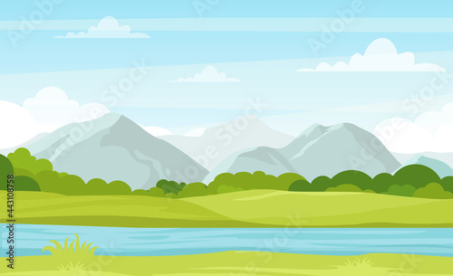 Vector illustration of summer landscape with mountains and river. Beautiful mountains view in cartoon flat style, good background for your banner design