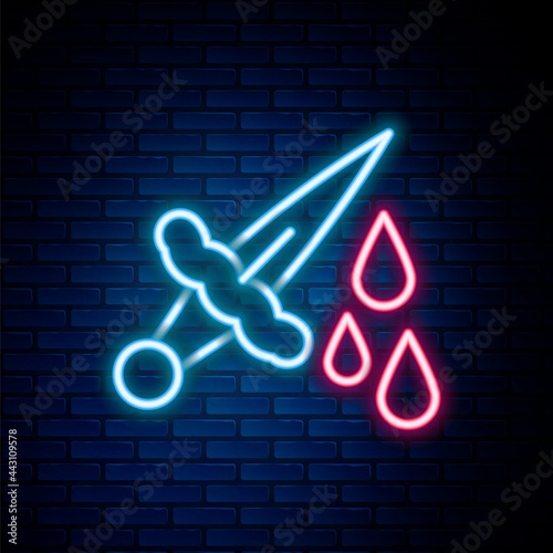 Glowing neon line Sword with blood icon isolated on brick wall background. Medieval weapons knight and soldier. Symbol of murder. Colorful outline concept. Vector