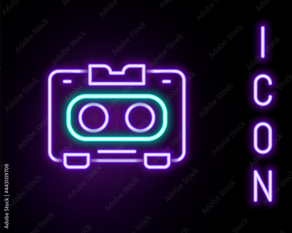 Glowing neon line Retro audio cassette tape icon isolated on black background. Colorful outline concept. Vector Glowing neon line Retro audio cassette tape icon isolated on black background. Colorful outline concept. Vector