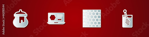 Set Jar of honey, Honey online service, Honeycomb and dipper stick icon. Vector